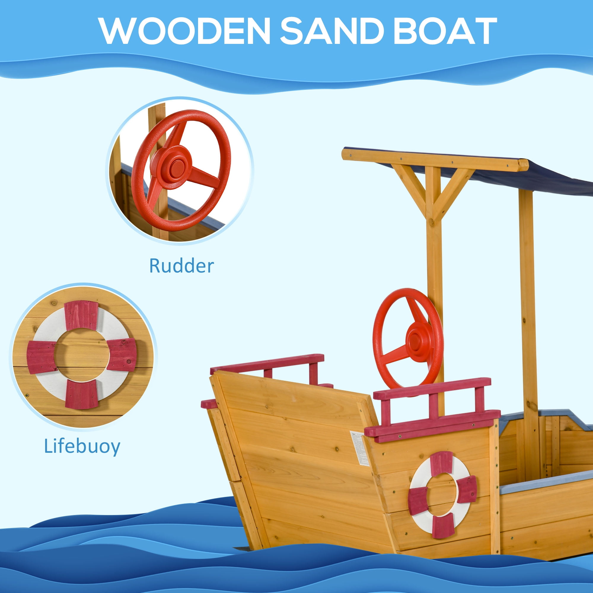 Pirate Ship Sandbox with Cover & Rudder, Wooden Sandbox with Storage Bench & Seat, Outdoor Play Toy for Kids Ages 3-8 Years Old