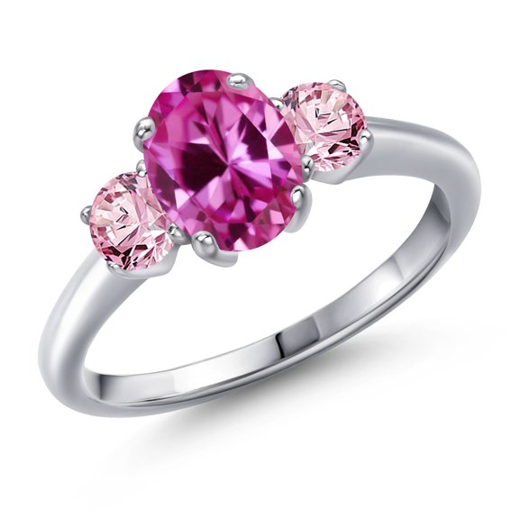 Gem Stone King 2.15 Ct Oval Pink Created Sapphire Pink Lab Grown Diamond 925 Sterling Silver Ring
