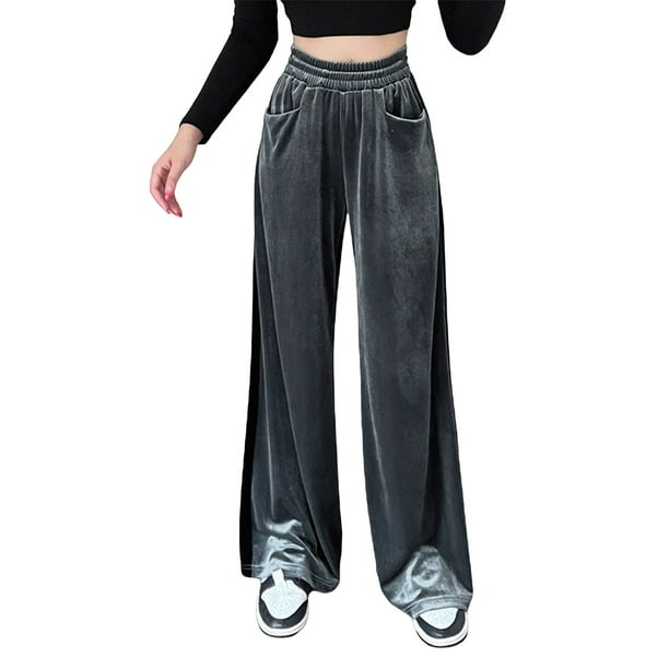 Txlixc Pantalones de terciopelo de piernas anchas para mujeres, pantalones elásticos casuales de cintura alta y ancha Txlixc moda
