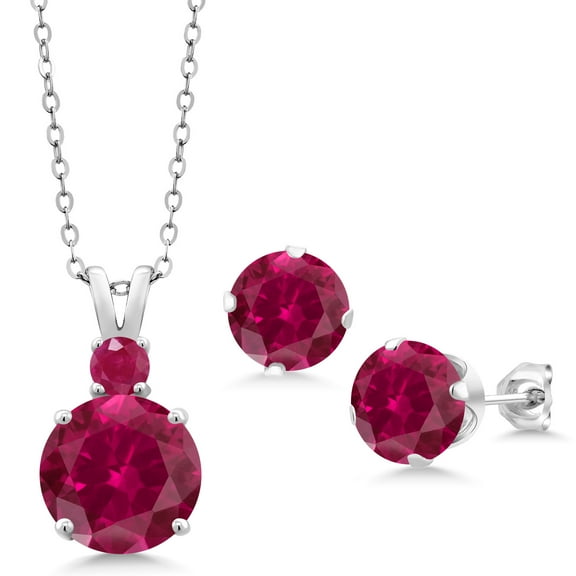 Gem Stone King 925 Sterling Silver Red Created Ruby and Red Ruby Pendant and Earrings Jewelry Set for Women (7.32 Cttw, Round 10MM, Gemstone July Birthstone, with 18 inch Silver Chain)