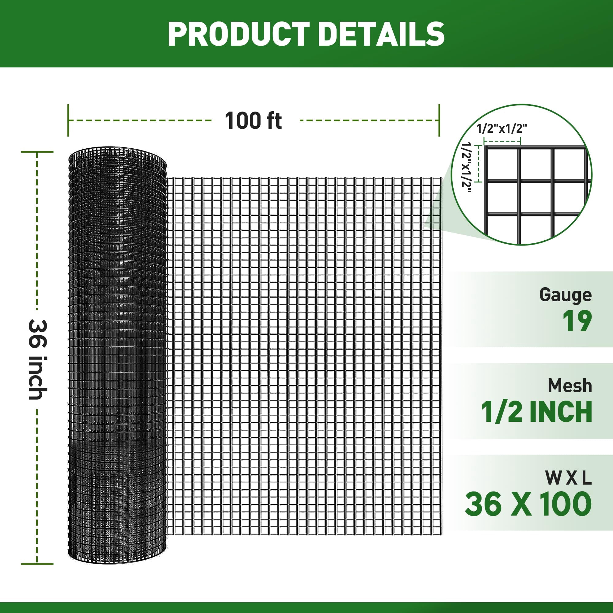 Black Hardware Cloth 1/2 Inch 36 in x 100 ft 19 Gauge, PVC Coating Wire Mesh Rolls Vinyl Coated Welded Chicken Wire Fencing for Poultry Netting Fencing Wire Fence, Black