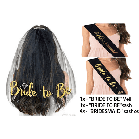BRIDE TO BE and BRIDESMAID Bridal Shower party favor SET Bachelorette Party Sashes Set - BLACK with GOLD PRINT