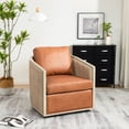 thumbnail image 6 of KINWELL Brown Genuine Leather Oak Wood Cane Swivel Barrel Club Chair, 6 of 10