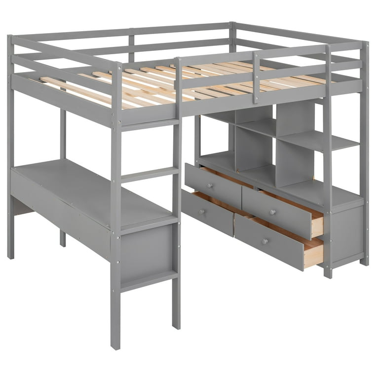 Euroco Kids Full Size Wood Loft Bed with Desk, Drawers and