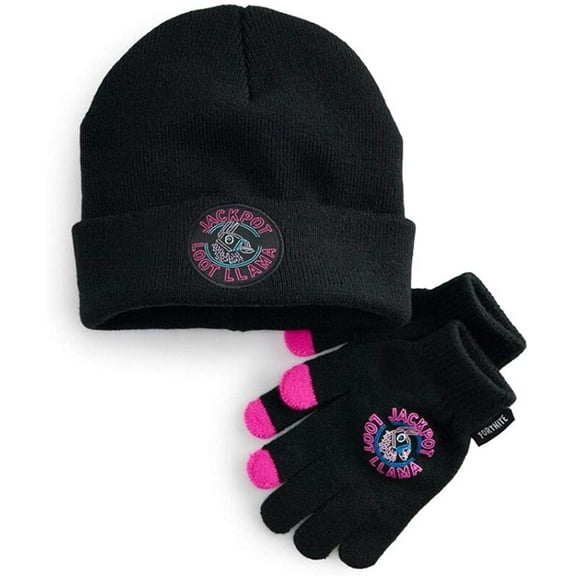 Youth Boys Beanie Hat & Gloves Set Fortnite Loot Llama Black One Size