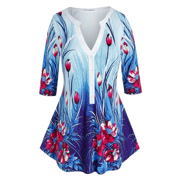 Camiseta de impresión floral de media botón de tamaño Rosegal Camisetas tallas grandes