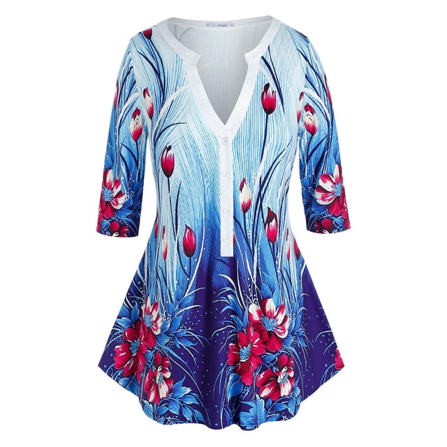 Camiseta de impresión floral de media botón de tamaño Rosegal Camisetas tallas grandes