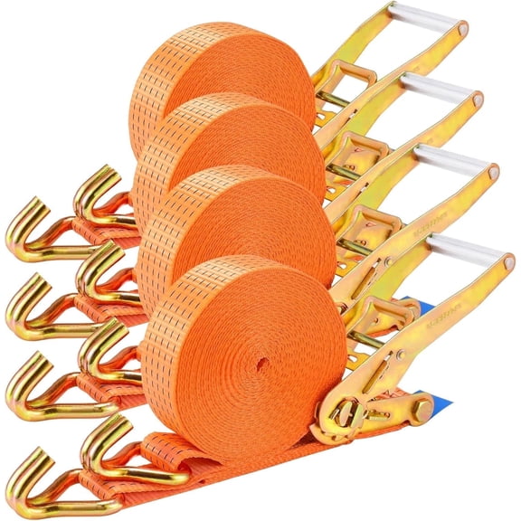 StarCloud 4 Pack 2 in x 27 FT Double J Hook Ratchet Straps (11,000 lbs Break Strength), Heavy Duty Tie Down Straps for Trucks(Orange)