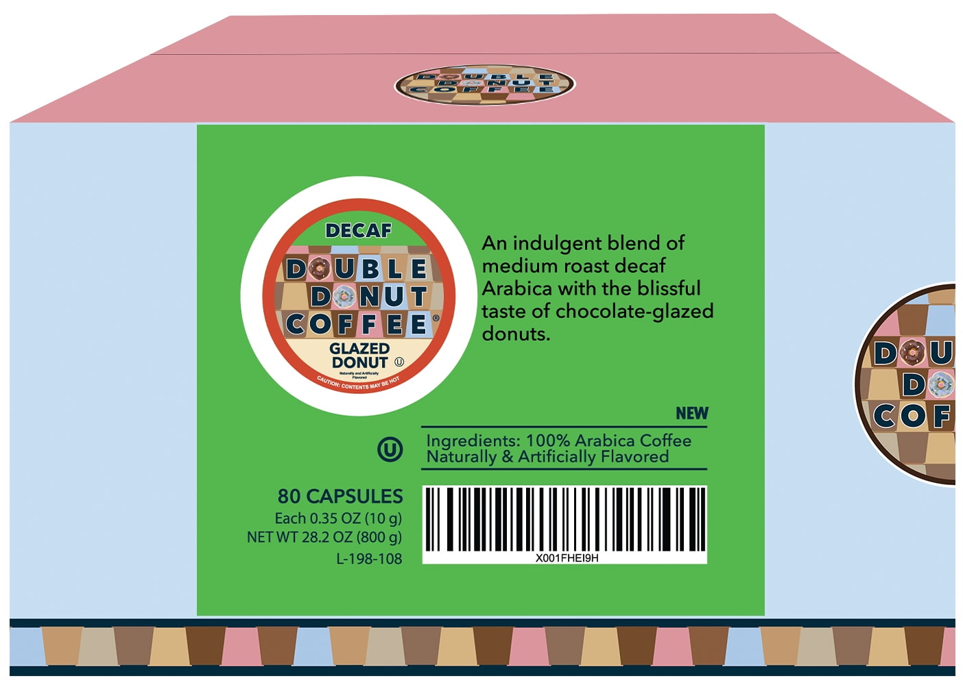 Double Donut Glazed Donut Decaf Coffee, Decaf Coffee, Medium Roast, 80 Count for Keurig K cup Machines
