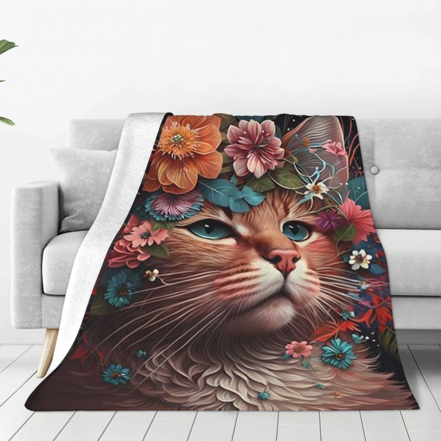 Fotbe Flower Crown Cat Manta de Franela Acolchonada con Estampado, Súper Suave y Esponjosa, Extra Grande para Sofá, Cama, Uso Todo el Año-50"x40"