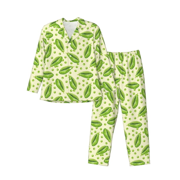Balery Green Peas Pijama para Hombre de Dos Piezas con Manga Larga, Conjunto de Dormir y Descanso Suave con Bolsillos-Large