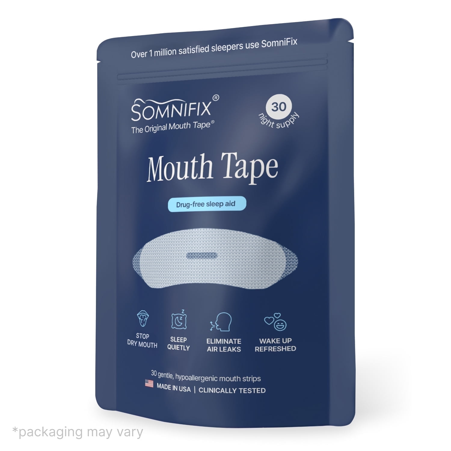 SomniFix Mouth Tape - Gentle and Hypoallergenic Adhesive Strips for Deeper Sleep, Better Nose Breathing, and Relief from Snoring and Dry Mouth - 30 Count