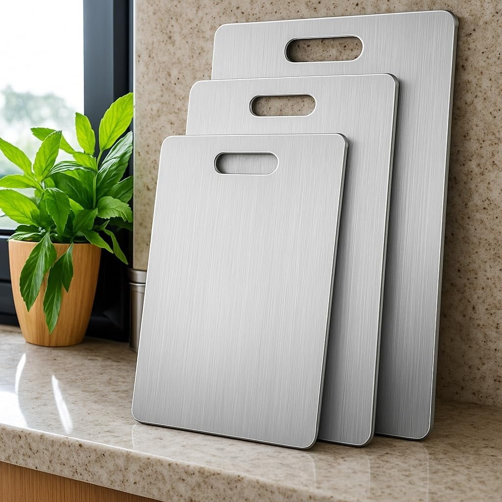 3PCS Stainless Steel Cutting Board Set, Double-Sided Metal Kitchen Chopping Boards, Food Grade Non Toxic, Burr-Free Edges, Dishwasher Safe for Meat Vegetables Fruits (S/M/L)
