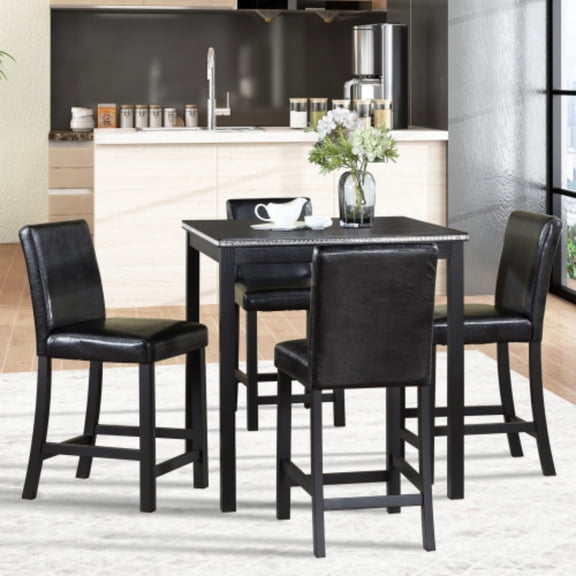 5 Piece Counter Height Dining Table Set, Square Kitchen Table with 4 Upholstered Chairs, Wooden Dining Set with Crystal Decoration for Dining Room, Black