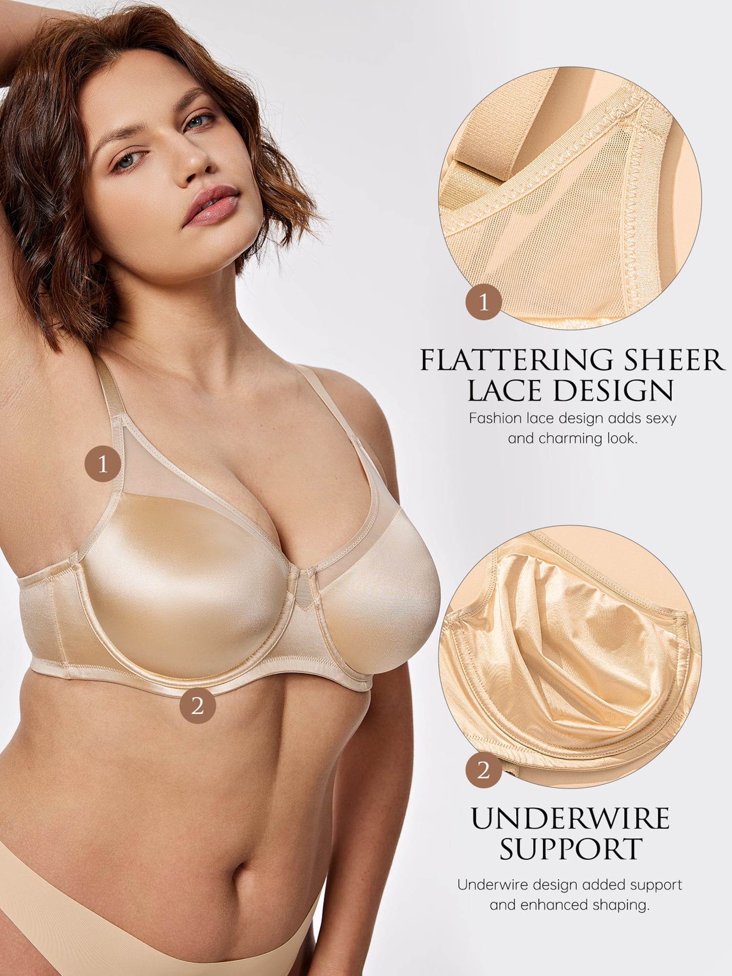 Deyllo Women Plus Size Full Coverage Bras Underwire Support Bras Sheer Mesh Lace Splicing Beige Bras Clothes Size 38DDD