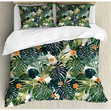 Hawaii King Size Duvet Cover Set, Colorful Palm Trees Tropical Plants with Botanical Inspirations, Decorative 3 Piece Bedding Set with 2 Pillow Shams, Fern Green Jade Green Orange, by Ambesonne
