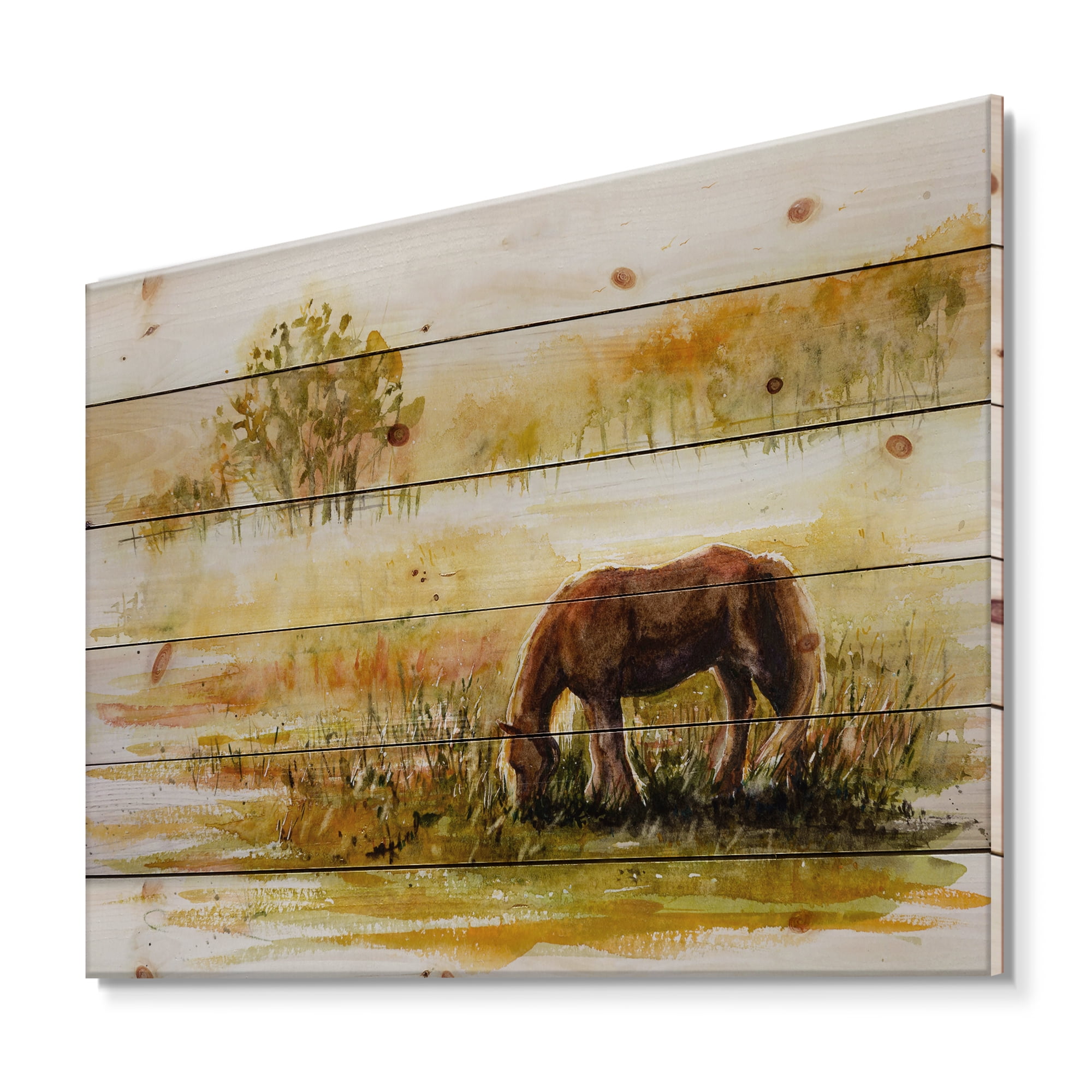 Designart 'Horse Eating Grass On A Meadow' Farmhouse Print on Natural Pine Wood