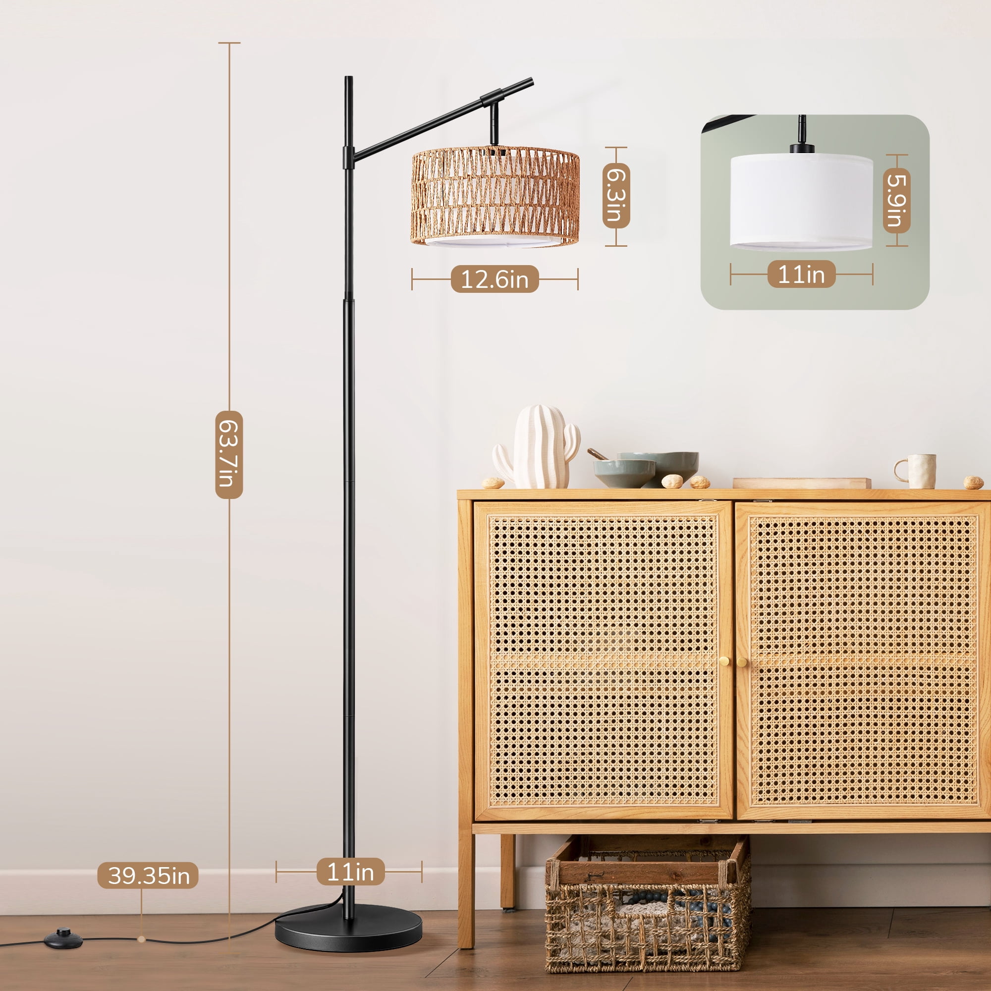 EDISHINE Rattan Floor Lamps with Remote for Living Room, Black Standing Lamp with Rattan & Fabric Double Drum Shade, Boho Farmhouse Tall Lamp for Bedroom, With LED Light Bulb.
