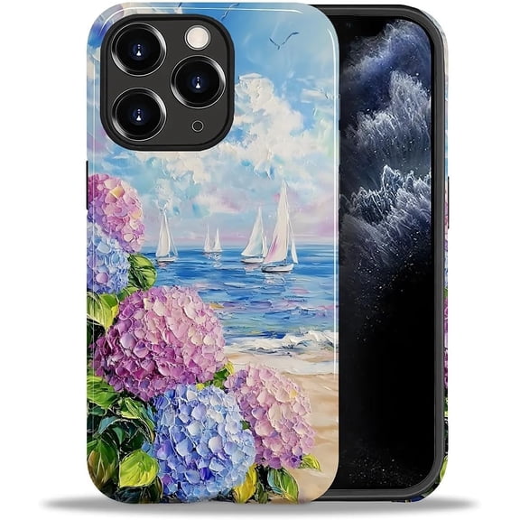 Case for iPhone 11 Pro Max, PC Hard Shell & Silicone Inner Bumper, Anti-Scratch Full-Body Cover Shockproof Slim Design -Summer Beach Hydrangea Flower