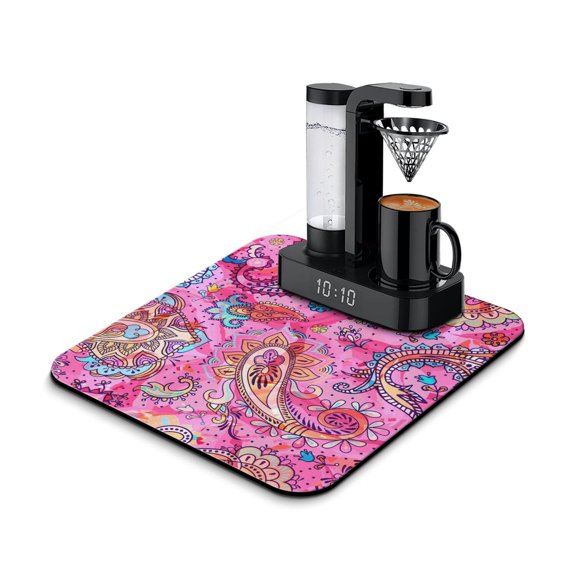Exotic Paisley Artwork Dish Drying Mat, Chic Boho Absorbent Coffee Bar Mat, Retro Ethnic Kitchen Counter Protector