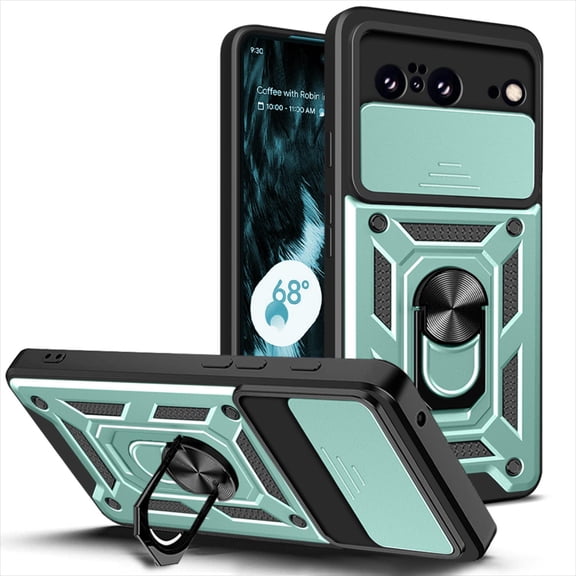 Compatible with Google Pixel 8 Case with Sliding Camera Lens Cover and Ring Kickstand Heavy Duty Military Grade Rugged Protection Shockproof Back Phone Cover for Google Pixel 8, Green