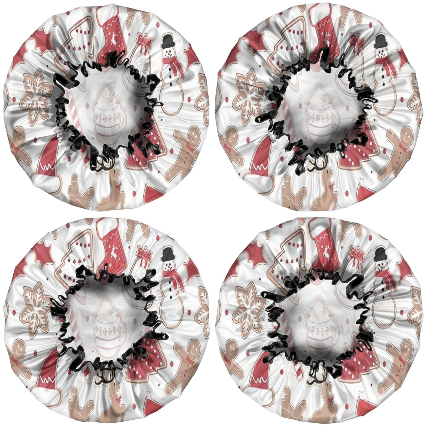 Shower Caps,White Christmas Cookie Pattern Waterproof Shower Cap for Women 4 Pieces,Double Reusable Hair Cover for Shower PEVA Elastic Stretch Hem
