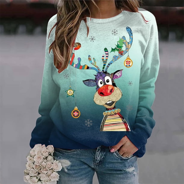 Pntutb Mujeres Otoño e Invierno Casual Navidad Impreso Cuello Redondo Manga Larga Jersey Blusa Sudadera tops Pntutb Pntutb-735