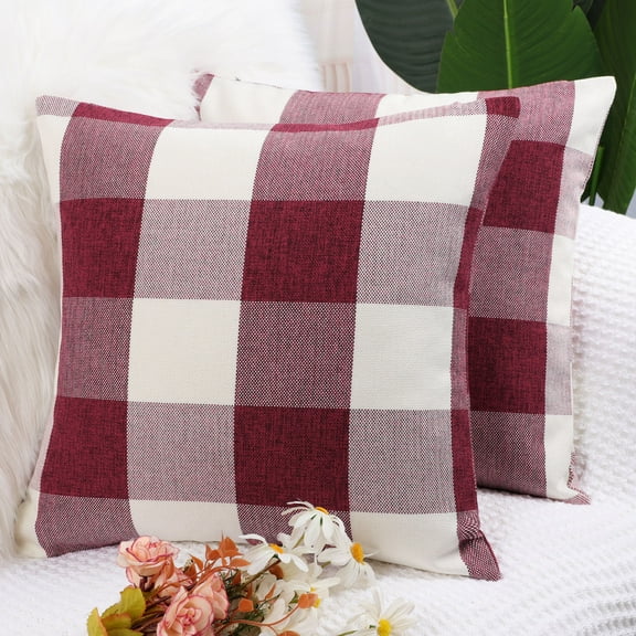 PiccoCasa 2Pcs Buffalo Check Plaid Throw Pillowcases Cotton Linen Cushion Covers Red White 18"x18"