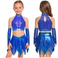 thumbnail image 5 of SiiRoh Kids Girls Shiny Sequins Crop Top with Metallic Skirt with Gloves Cheer Uniform Jazz Latin Dance Outfits Blue 12, 5 of 6