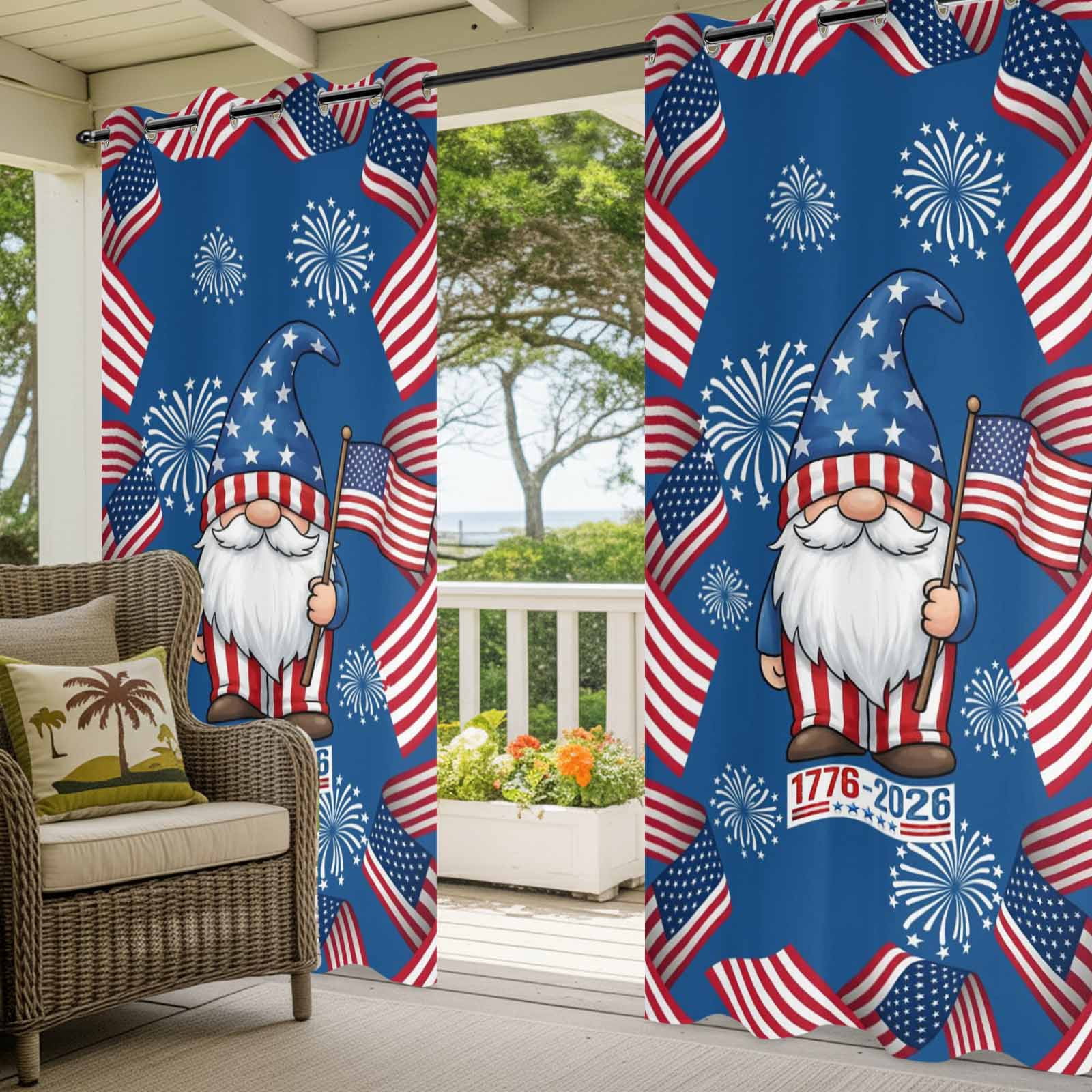Independence Day Outdoor Curtains for Patio, U. S. Flag Cartoon Gnome Graffiti Firework Sunshade Privacy Drapes Grommet Waterproof Outside Curtains for Porch/Cabana/Balcony 54"x 108", 1 Panel