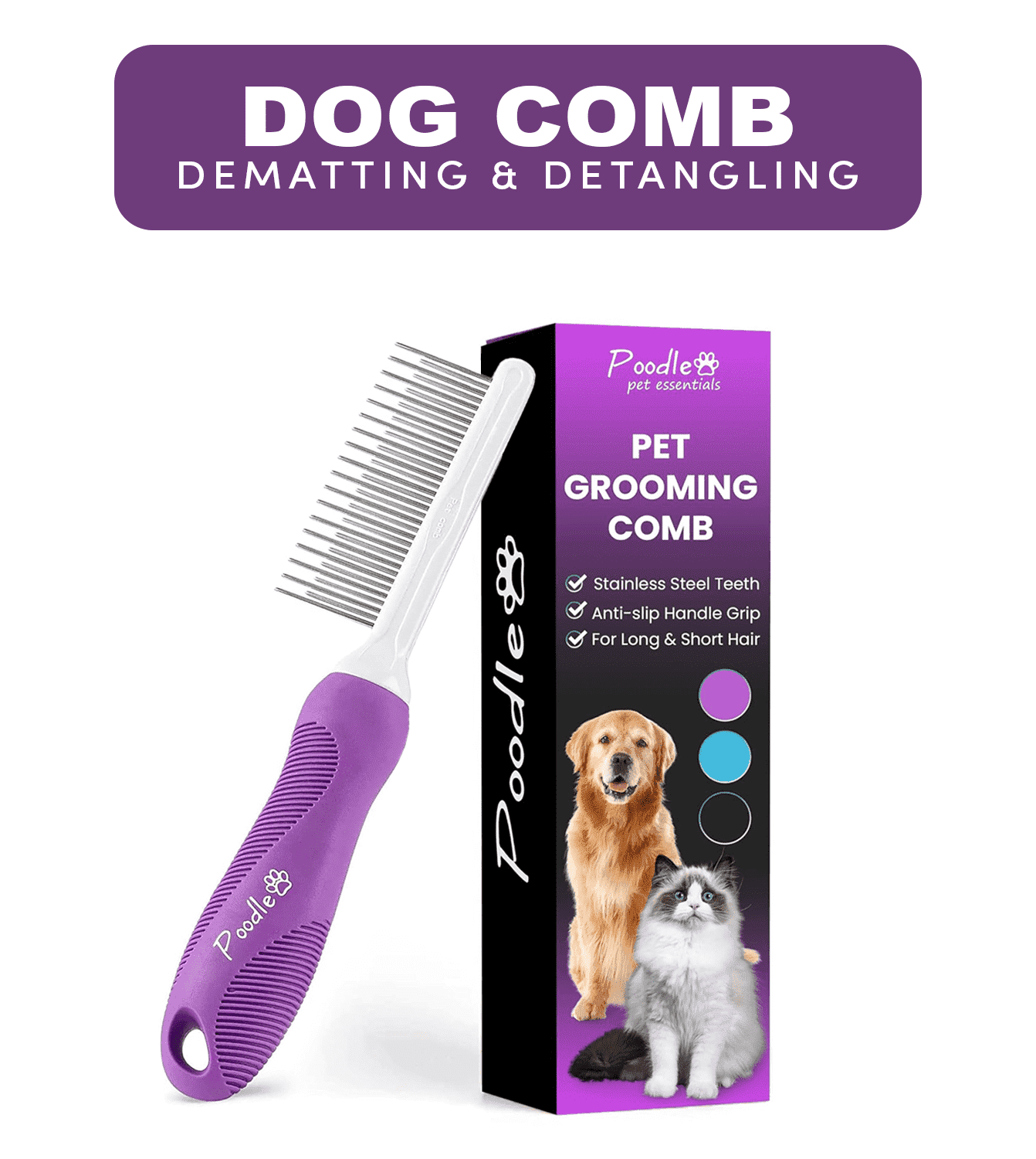 Poodlie 2-in-1 Stainless Steel Detangler Comb for Cats and Dogs photo 1