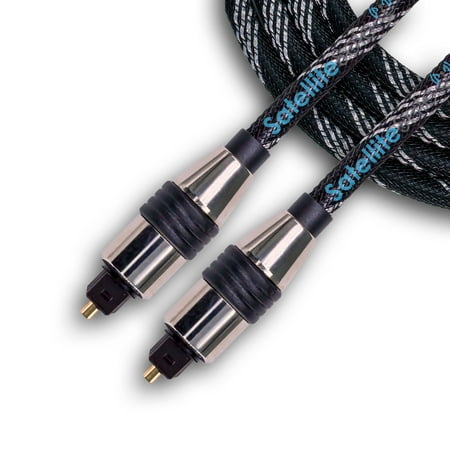 SatelliteSale Digital Toslink SPDIF Audio Optical Fiber Cable Male to Male Universal Wire Nylon Black/Silver Cord 3 feet