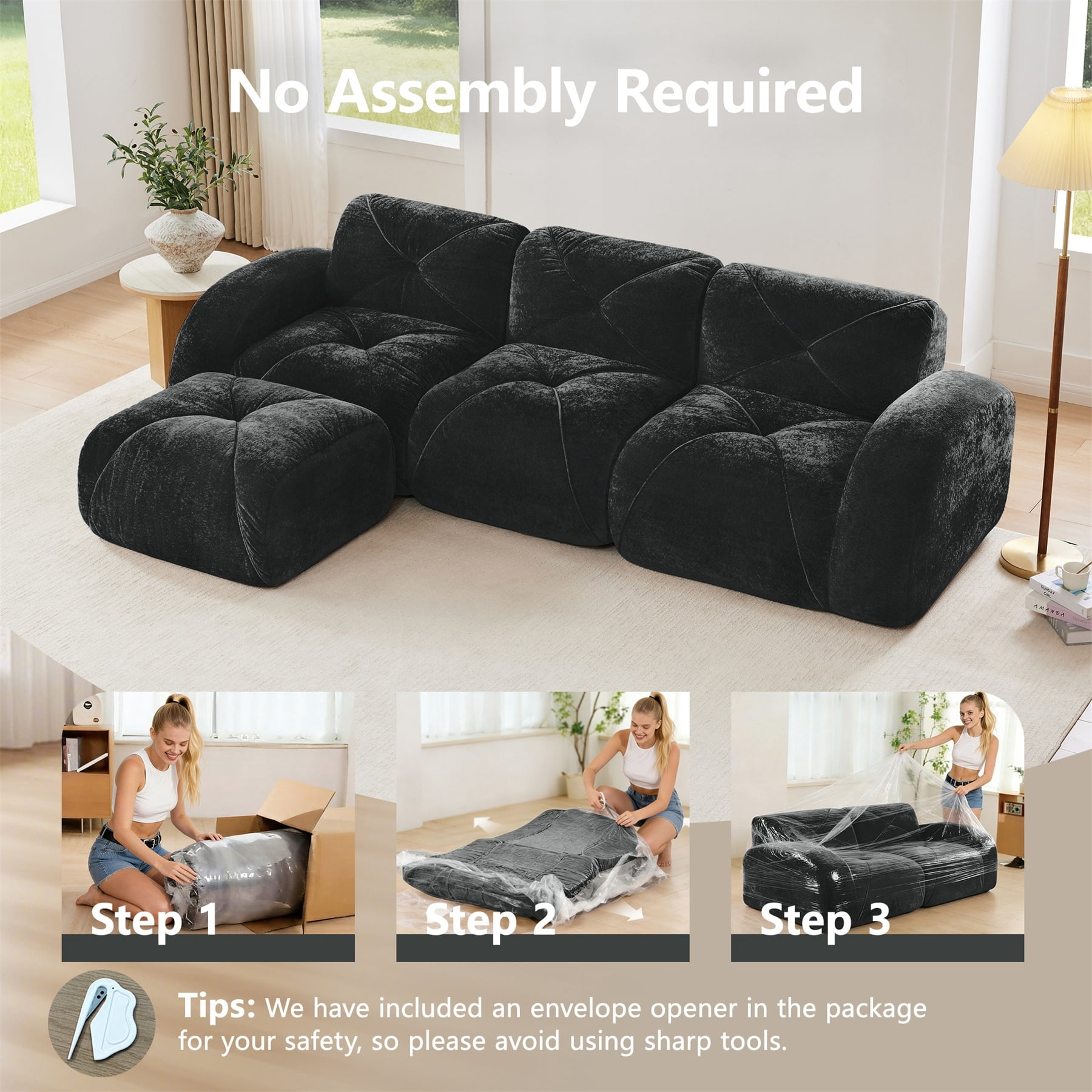 Alvantor L-Shaped Sectional Sofa 3-Seater Boneless Sofa Couch with Anti-Slip Design for Living Room, Easy Assembly Black
