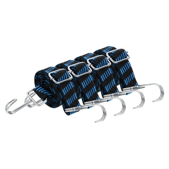 Uxcell 4 Pack Adjustable Bungee Cords with Hooks, 39 Inch Flat Heavy Duty Elasticity Straps Rubber Bungee Cords with Buckle for Outdoor, Camping, Tarp, Bike Rack, Luggage, Black Blue