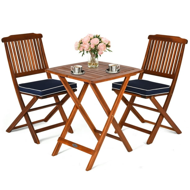 3PCS Patio Folding Wooden Bistro Set Cushioned Chair ...