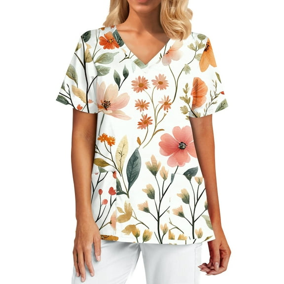 Scrub Uniforms for Women,Floral Printed Scrub Tops for Women - Stretchy V-Neck Short Sleeve Nurse Work Shirts - Beige - L