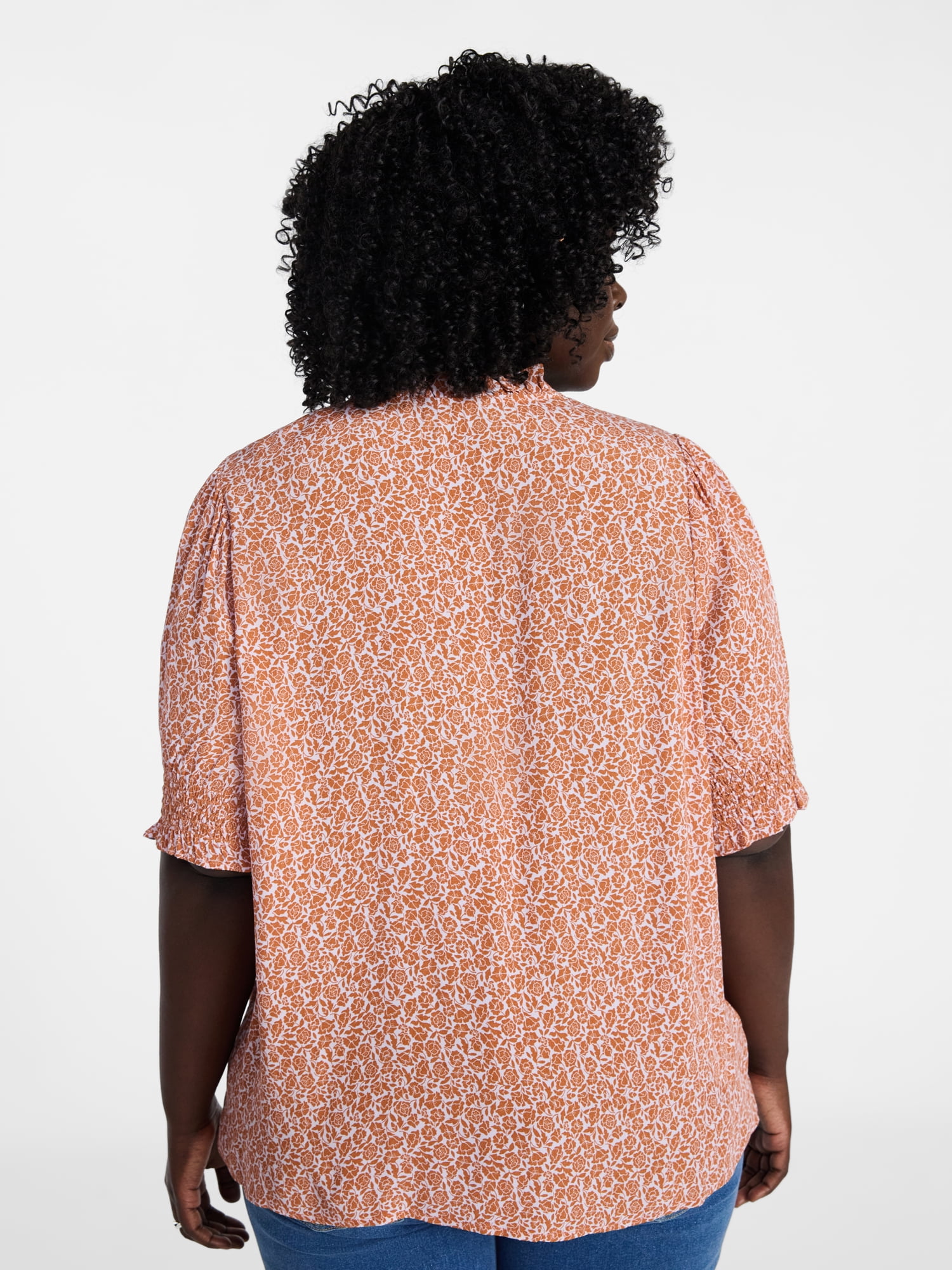 Terra & Sky Women's Plus Size Smock Yoke Top with Elbow Sleeves, Sizes 0X-5X