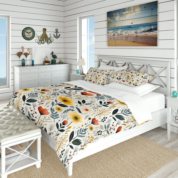 Designart "Yellow And White Collage From Scandinavia I" Botanical Bedding Covert Set - Bohemian & Eclectic Bed Set With 2 Shams