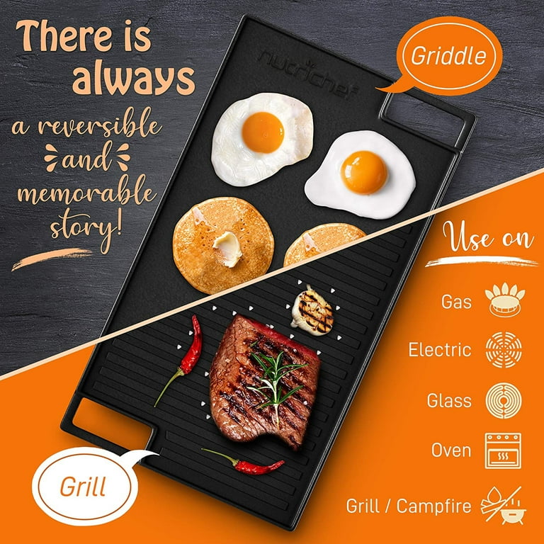 NutriChef 18 Cast Iron Skillet Reversible Grill Plate Pan for Stove Top,  Black 