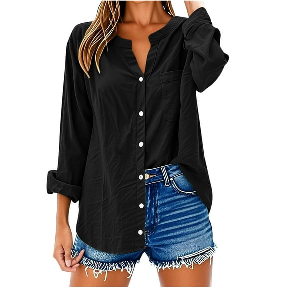 Bpmpbo Button Up Shirts for Women Cotton Linen Casual Tops Long Sleeve Button Down Blouses Solid Color Plus Size Tops