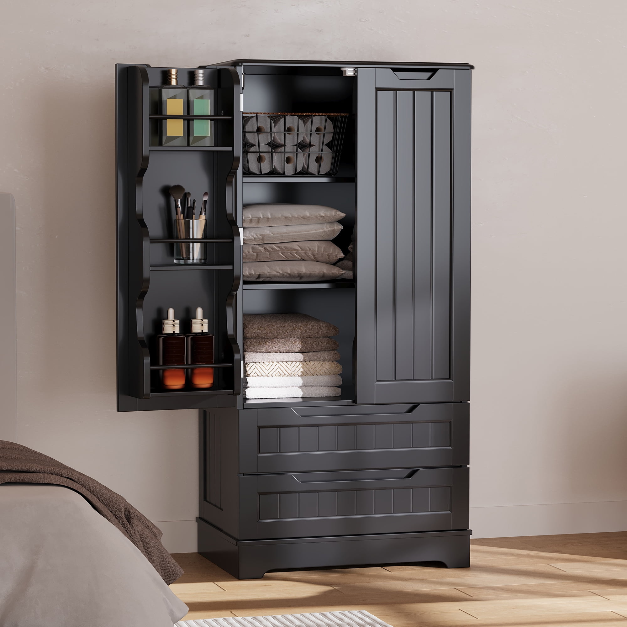 63'' Large Kitchen Pantry Cabinet with Drawers, Noelse Pantry Storage Cabinets with 2 Doors and 3 Shelves for Kitchen Dining Room and Living Room, Black