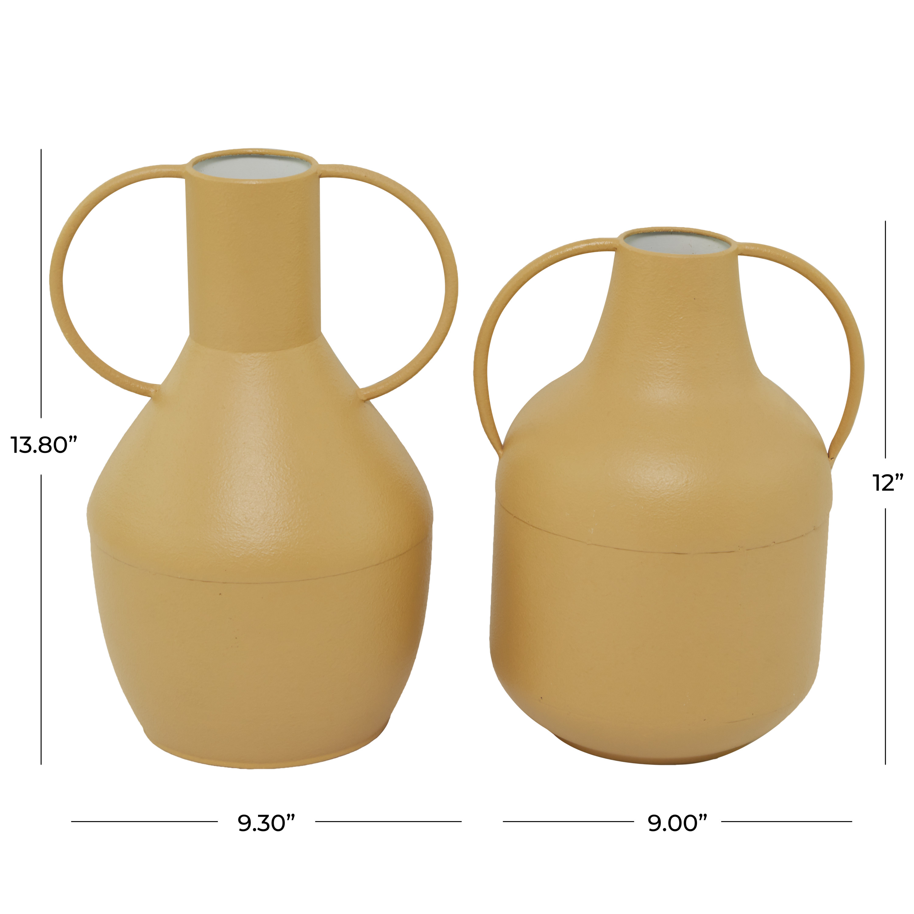 DecMode 14", 12"H Yellow Metal Vase with Handles, Set of 2