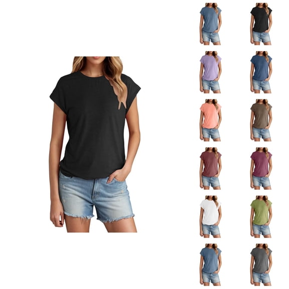 Womens T Shirts Summer Tops 2025 Solid Color Cap Sleeve Crewneck Casual Stylish Basic Tees Tshirts Shirts for Women