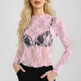 thumbnail image 2 of Mesh Top Women Women's Long Sleeve Neck Sheer Blouse See Through Floral Lace Tops Pink M, 2 of 6