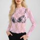 thumbnail image 2 of Top de malla de manga larga para mujer: blusa transparente con cuello alto, tops de encaje floral transparente, 95 % poliéster, 5 % spandex, tallas S-XXL, 2 of 5
