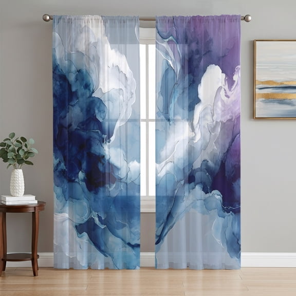 Abstract Blue Purple Sheer Curtains 63 Inch Length 2 Panels Set, Modern Minimalist Geometric Voile Window Treatment Rod Pocket Curtains Sheers Drapes for Bedroom/Living Room/Kitchen 52x"63"x2