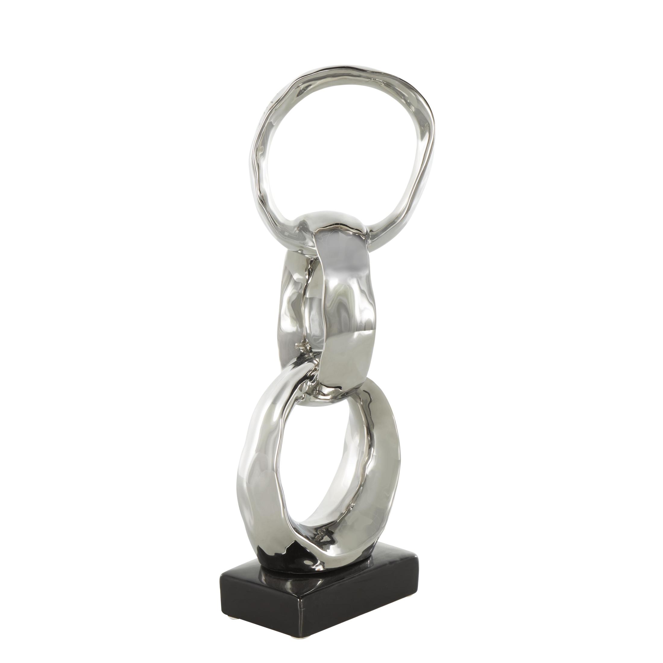 5" x 15" Silver Ceramic Interlocked Ring Abstract Sculpture with Black Base, by DecMode