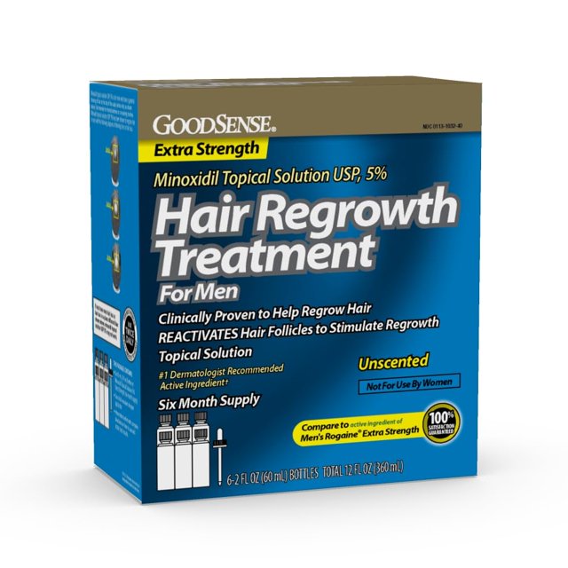 tratamiento para el crecimiento del cabello goodsense minoxidil 5% 360 ml para hombres caja frontal en vista 3/4; embalaje azul y dorado indica 'Extra Strength' y 'Unscented', muestra un gotero y gráfico de seis frascos que señala suministro de seis meses, texto destaca minoxidil tópico 5% y la marca GoodSense en la parte superior.