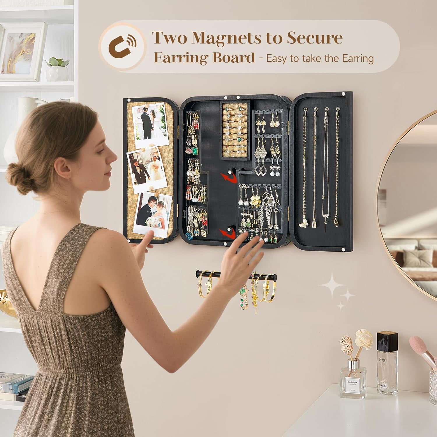 Hanging Jewelry Organizer, Wall Mounted Jewelry Organizer for Earring Holder Organizer, Jewelry Cabinet Holder Jewelry Storage Box for Earrings, Necklaces, Bracelets, Ring Holder
