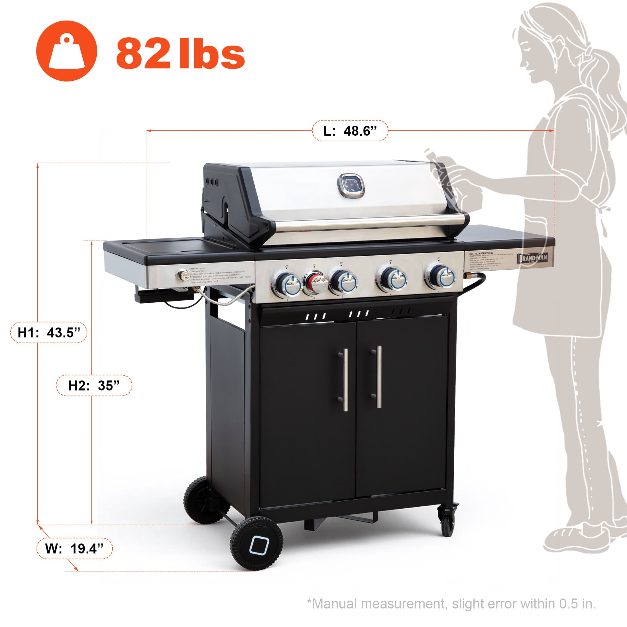 Brand-Man Grills 4-Burner Propane Gas Grill with Infrared Side Burner, Porcelain-Enameled Cast Iron Grate & Griddle, Outdoor Backyard BBQ Grill